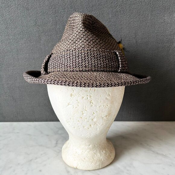 Vintage Kanyon Road Fedora Hat Brown Wool Tweed Gold Feather - Men's Size 7 - Picture 2 of 9